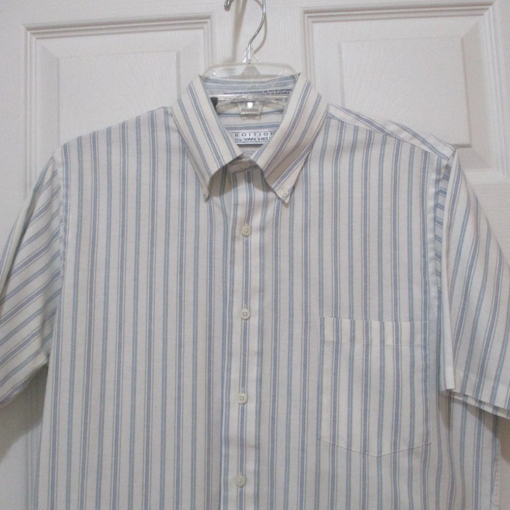 Short Sleeve Button Down Oxford Shirt sz M White Blue Green Stripe - Picture 2 of 11